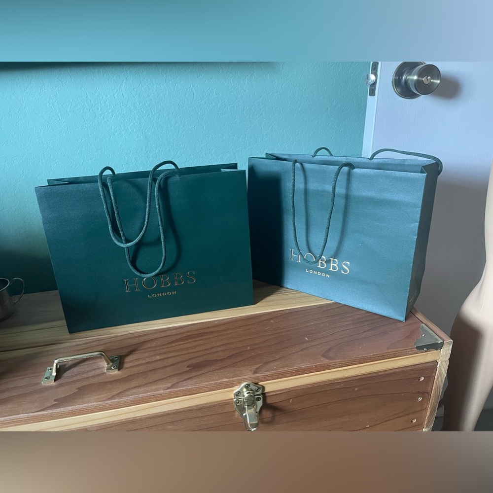 Two Hobbs Paper Shopping Gift Bags Medium Green Approximately 12x9x4”